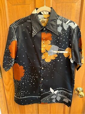 VTG Tori Richard Black Button-Down Shirt with Rust, Gold and Gray Floral Print